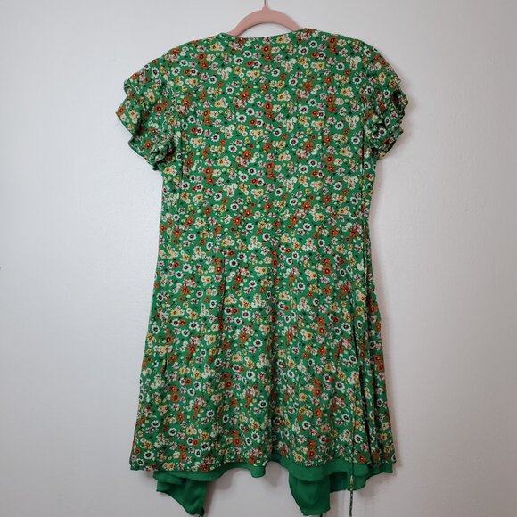 Mi Ami Size L Green Floral Wrap Dress Lined Flirty Flouncy Fabric Flutter Sleeve - Picture 8 of 13